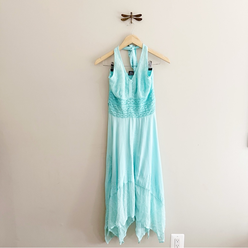 Y2K Mint Aqua Boho Crochet Lace Halter Midi Dress with Handkerchief Hem Vintage